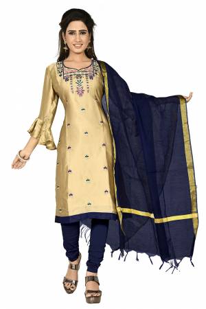 Simple And Elegant Suit Is Here For Your Casual Or Semi-Casual Wear. This Pretty Dress Materal Is In Golden & Navy Blue Color. Its Top Is Satin Georgette Based Paired With Santoon Bottom And Chanderi Dupatta.