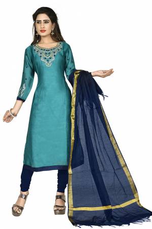 Here Is Pretty Dress Material In Shaded Of Blue Color, Its Top?IS Fabricated On Satin Georgette Paired With Santoon Bottom And Chanderi dupatta. Get This Dress Material Stitched As Per Your Desired Fit And Comfort