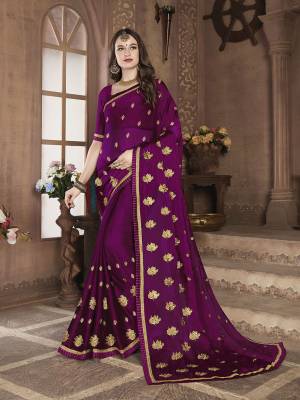 Celebrate This Festive Season With Beauty and Comfort In This Lovely Designer Saree In Purple color. This Saree And Blouse Are Satin Chiffon Based Beautified With Jari Embroidered Motifs. 