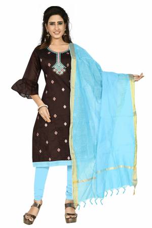 Simple And Elegant Suit Is Here For Your Casual Or Semi-Casual Wear. This Pretty Dress Materal Is In Dark Brown & Blue Color. Its Top Is Chanderi Cotton Based Paired With Santoon Bottom And Chanderi Dupatta.