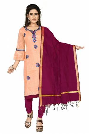 Here Is Pretty Dress Material In Peach & Magenta Pink Color,?Its Top Is Fabricated On Chanderi Cotton Paired With Santoon Bottom And Chanderi dupatta. Get This Dress Material Stitched As Per Your Desired Fit And Comfort.