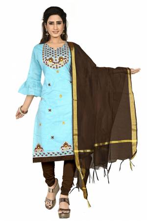 Simple And Elegant Suit Is Here For Your Casual Or Semi-Casual Wear. This Pretty Dress Materal Is In Sky Blue & Dark Brown Color. Its Top Is Chanderi Cotton Based Paired With Santoon Bottom And Chanderi Dupatta.