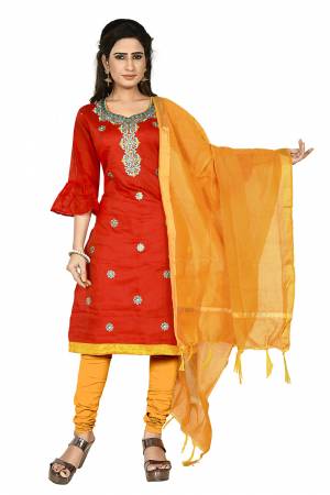 Here Is Pretty Dress Material In Red & Orange Color,?Its Top Is Fabricated On Chanderi Cotton Paired With Santoon Bottom And Chanderi dupatta. Get This Dress Material Stitched As Per Your Desired Fit And Comfort.