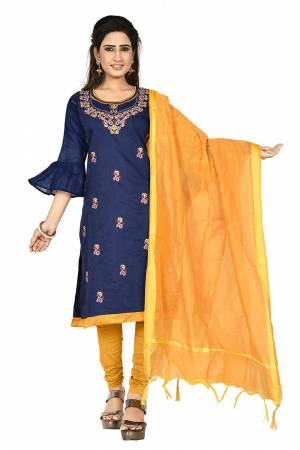 Simple And Elegant Suit Is Here For Your Casual Or Semi-Casual Wear. This Pretty Dress Materal Is In Navy Blue & Musturd Yellow Color. Its Top Is Chanderi Cotton Based Paired With Santoon Bottom And Chanderi Dupatta.