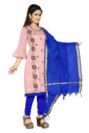 Here Is Pretty Dress Material In Baby Pink & Royal Blue Color,?Its Top Is Fabricated On Chanderi Cotton Paired With Santoon Bottom And Chanderi dupatta. Get This Dress Material Stitched As Per Your Desired Fit And Comfort.