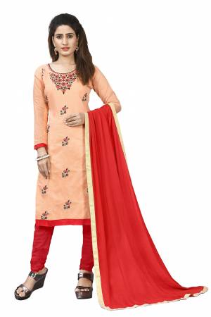 Here Is Pretty Dress Material In Peach & Red Color Its?Top Is Fabricated On Chanderi Cotton Paired With Santoon Bottom And Chiffon dupatta. Get This Dress Material Stitched As Per Your Desired Fit And Comfort.