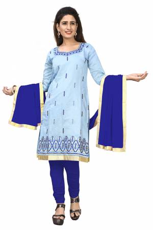 Simple And Elegant Suit Is Here For Your Casual Or Semi-Casual Wear. This Pretty Dress Materal Is In Sky Blue & Royal Blue Color. Its Top Is Chanderi Cotton Based Paired With Santoon Bottom And Chiffon Dupatta.