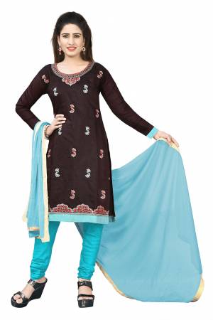 Here Is Pretty Dress Material In Dark Brown & Blue Color Its?Top Is Fabricated On Chanderi Cotton Paired With Santoon Bottom And Chiffon dupatta. Get This Dress Material Stitched As Per Your Desired Fit And Comfort.