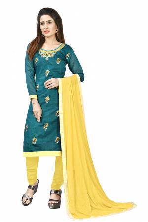 Simple And Elegant Suit Is Here For Your Casual Or Semi-Casual Wear. This Pretty Dress Materal Is In Teal Blue & Yellow Color. Its Top Is Chanderi Cotton Based Paired With Santoon Bottom And Chiffon Dupatta.