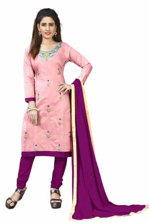 Simple And Elegant Suit Is Here For Your Casual Or Semi-Casual Wear. This Pretty Dress Materal Is In Pink & Purple Color. Its Top Is Chanderi Cotton Based Paired With Santoon Bottom And Chiffon Dupatta.
