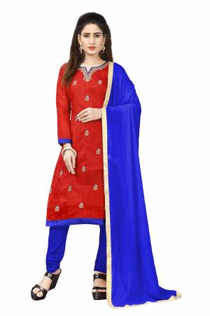 Here Is Pretty Dress Material In Red & Royal Blue Color Its?Top Is Fabricated On Chanderi Cotton Paired With Santoon Bottom And Chiffon dupatta. Get This Dress Material Stitched As Per Your Desired Fit And Comfort.