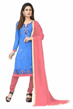 Simple And Elegant Suit Is Here For Your Casual Or Semi-Casual Wear. This Pretty Dress Materal Is In Blue & Pink Color. Its Top Is Chanderi Cotton Based Paired With Santoon Bottom And Chiffon Dupatta.