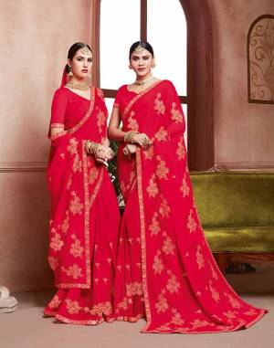 Celebrate This Festive Season With Beauty And Comfort Wearing This?Pretty Light Weight Embroidered Saree In Crimson Red Color. This Saree Is Chiffon Based Paired With Art Silk Fabricated Blouse. Buy Now