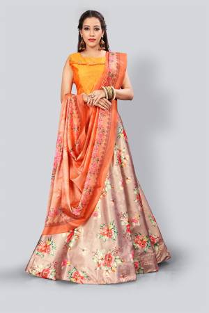Celebrate This Festive Season With Beauty And Comfort Wearing This Lovely Digital Printed Designer Lehenga Choli In Musturd Yellow Colored Blouse Paired With Multi Colored Lehenga And Orange Dupatta. This Pretty Blouse And Lehenga Are Satin Silk Based Paired With Assam Silk Fabricated Dupatta. 