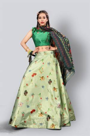 Celebrate This Festive Season With Beauty And Comfort Wearing This Lovely Digital Printed Designer Lehenga Choli In Green Colored Blouse Paired With Pastel Green Colored Lehenga And Multi Colored Dupatta. This Pretty Blouse And Lehenga Are Satin Silk Based Paired With Assam Silk Fabricated Dupatta. 