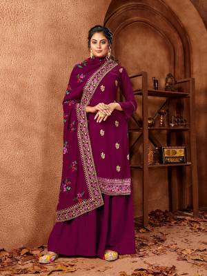 Celebrate This Festive Season With Beauty And Comfort In This Designer Straight Suit In All Over Purple Color. Its Embroidered Top And Dupatta Are Fabricated On Georgette Paired With Santoon Fabricated Bottom. Get This Semi-Stitched Suit Now.
