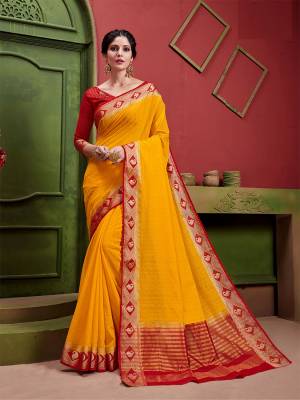 You Will Definitely Earn Lots Of Compliments Wearing This Pretty Musturd Yellow Colored Saree Paired With Contrasting Red Colored Blouse. This Saree And Blouse Are Fabricated On Art Silk Beautified With Detailed Weave. Buy This Saree Now.