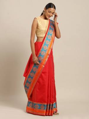 Simple And Elegant Looking Designer Weaved Saree Is Here In Red Color Paired With Contrasting Blue Colored Embroidered  Blouse. This Saree And Blouse Are Fabricated On Handloom Silk Which Is Durable, Light Weight And Easy To Care For.