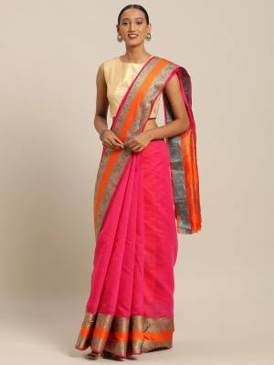Simple And Elegant Looking Designer Weaved Saree Is Here In Rani Pink Color Paired With Contrasting Orange Colored Embroidered Blouse. This Saree And Blouse Are Fabricated On Handloom Silk Which Is Durable, Light Weight And Easy To Care For.