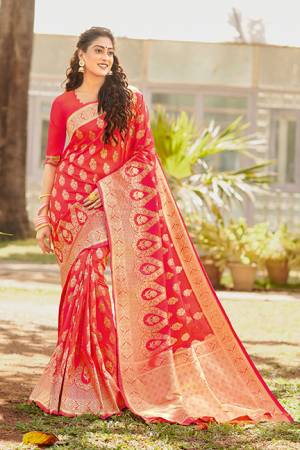 Enhance Your Personality Wearing This Rich Looking Saree In Red Color. This Saree And Blouse Are Silk Based Beautified With Attractive Weave All Over. It Is Light Weight, Durable And Easy To Care For.