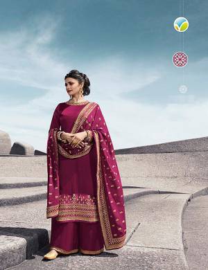 Add This Very Beautiful Designer Straight Suit In All Over Magenta Pink Color. Its Pretty Embroidered Top Is Fabricated On Satin Georgette Paired With Santoon Bottom And Silk Georgette Fabricated Dupatta Beautified With Embroidery. Buy This Suit Now.  