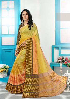 For Your Semi-Casuals Or Festive Wear ,Grab This Designer Saree In Yellow Color Paired With Brown Colored Blouse. This Printed Saree Is Fabricated On Cora Checks. It Is Light Weight, Durable And Easy To Carry.