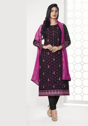 For Your Semi-Casual Wear, Grab This Designer Straight Suit In Black And Rani Pink Color. Its Embroidred Top Is Fabricated On Georgette Paired With Santoon Bottom And Satin Based Dupatta. This Pretty Suit Is Light In Weight And Easy To Carry All Day Long. 