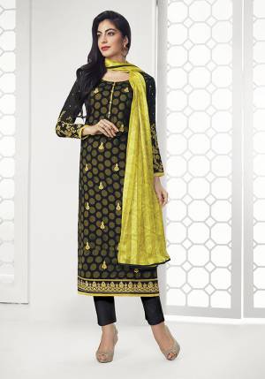 Get This Pretty Designer Semi-Stitched Suit In Black and Yellow Color. Its Top Is Georgette Based Beautified With Embroidery Paired With Plain Santoon Bottom and Satin Dupatta. Buy This Straight Suit Now.