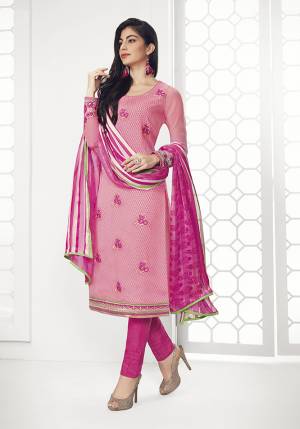 For Your Semi-Casual Wear, Grab This Designer Straight Suit In Pink And Dark Pink Color. Its Embroidred Top Is Fabricated On Georgette Paired With Santoon Bottom And Satin Based Dupatta. This Pretty Suit Is Light In Weight And Easy To Carry All Day Long. 