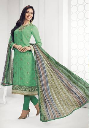 Get This Pretty Designer Semi-Stitched Suit In Green And Multi Color. Its Top Is Georgette Based Beautified With Embroidery Paired With Plain Santoon Bottom and Satin Dupatta. Buy This Straight Suit Now.
