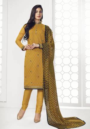 For Your Semi-Casual Wear, Grab This Designer Straight Suit In Musturd Yellow And Black Color. Its Embroidred Top Is Fabricated On Georgette Paired With Santoon Bottom And Satin Based Dupatta. This Pretty Suit Is Light In Weight And Easy To Carry All Day Long. 