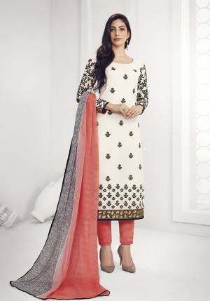 For Your Semi-Casual Wear, Grab This Designer Straight Suit In White And Peach Color. Its Embroidred Top Is Fabricated On Georgette Paired With Santoon Bottom And Satin Based Dupatta. This Pretty Suit Is Light In Weight And Easy To Carry All Day Long. 