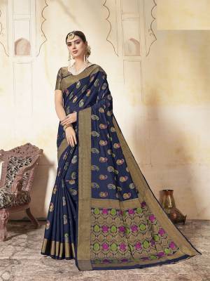 Enhance Your Personality In This Lovely Navy Blue Colored Designer Saree. This Saree And Blouse Are Fabricated On Art Silk Beautified With Weave All Over. Buy This Saree Now. 
