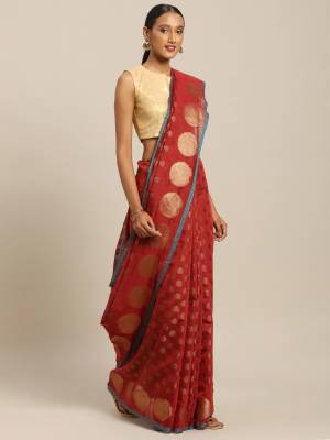Simple And Elegant Looking Designer Weaved Saree Is Here In Red?Color Paired With Red Colored Embroidered Blouse. This Saree And Blouse Are Fabricated On Handloom Silk Which Is Durable, Light Weight And Easy To Care For.