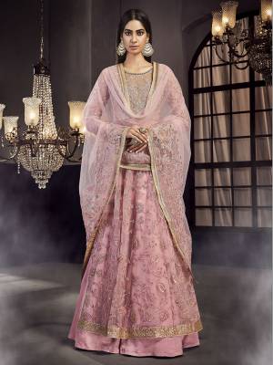 Look Pretty In This Designer Indo-Western Suit In Pink Color. Its Top Embroidere Top and Dupatta Are Fabricated On Net Paired With Satin Fabricated Skirt. Buy This Semi-Stitched Indo-Western Suit Now.