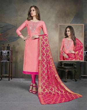 Celebrate This Festive Season With This Pretty suit In Pink Colored Top Paired With Dark Pink Colored Bottom and Dupatta. Its Top Is Fabricated On Modal Silk Paired With Cotton Bottom and Chiffon Jacquard Dupatta. Buy This Dress Material Now.