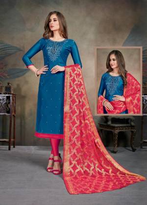 Celebrate This Festive Season With This Pretty suit In Blue Colored Top Paired With Dark Pink Colored Bottom and Dupatta. Its Top Is Fabricated On Modal Silk Paired With Cotton Bottom and Chiffon Jacquard Dupatta. Buy This Dress Material Now.