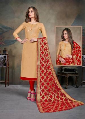 Celebrate This Festive Season With This Pretty suit In Beige Colored Top Paired With Red Colored Bottom and Dupatta. Its Top Is Fabricated On Modal Silk Paired With Cotton Bottom and Chiffon Jacquard Dupatta. Buy This Dress Material Now.