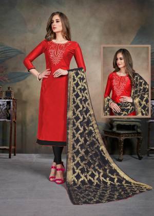 Celebrate This Festive Season With This Pretty suit In Red Colored Top Paired With Black Colored Bottom and Dupatta. Its Top Is Fabricated On Modal Silk Paired With Cotton Bottom and Chiffon Jacquard Dupatta. Buy This Dress Material Now.
