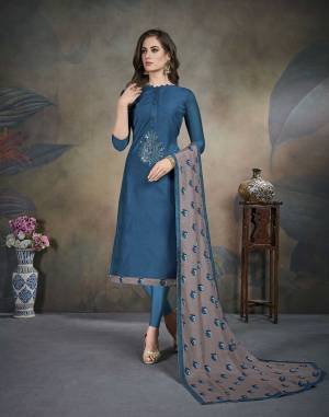 Enhance Your Personality Wearing This Designer Straight Suit In Blue Color Paired With Grey Colored Dupatta. Its Top Is Fabricated On Modal Silk Paired With Cotton Bottom And Digital Printed Dupatta. 