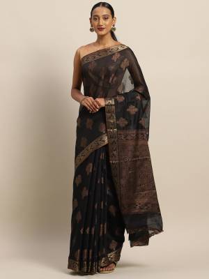 Grab This Traditional Weaved Designer Saree In Black Color Paired With Black Colored Blouse. This Saree And Blouse Are Fabricated On Cotton Handlloom Which Is Light In Weight, Durable And Easy To Carry. 