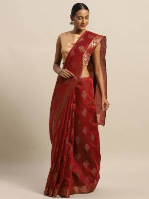 Grab This Traditional Weaved Designer Saree In Red Color Paired With Red Colored Blouse. This Saree And Blouse Are Fabricated On Cotton Handlloom Which Is Light In Weight, Durable And Easy To Carry. 
