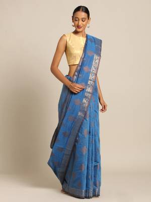 Grab This Traditional Weaved Designer Saree In Blue Color Paired With Blue Colored Blouse. This Saree And Blouse Are Fabricated On Cotton Handlloom Which Is Light In Weight, Durable And Easy To Carry. 