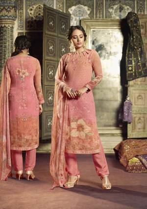 Celebrate This Festive Season With Beauty And Comfort Wearing This Designer Straight Suit In All Over Pink Color. Its Top Is Fabricated On Georgette Paired With Santoon Bottom And Chiffon Fabricated Dupatta. Its Fabric Are Light Weight & Ensures Superb Comfort All Day Long. 