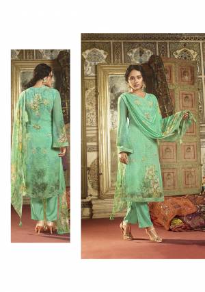 Flaunt Your Rich And Elegant Taste Wearing This Designer Straight Suit In Sea Green Color. Its Beautiful Top Is Fabricated On Georgette Paired With Santoon Fabricated Bottom And Chiffon Fabricated Dupatta. Buy This Pretty Suit Now. 