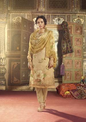 Flaunt Your Rich And Elegant Taste Wearing This Designer Straight Suit In Light CReam Color. Its Beautiful Top Is Fabricated On Georgette Paired With Santoon Fabricated Bottom And Chiffon Fabricated Dupatta. Buy This Pretty Suit Now. 