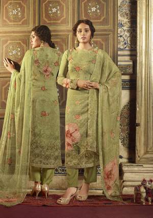 Celebrate This Festive Season With Beauty And Comfort Wearing This Designer Straight Suit In All Over Olive Green Color. Its Top Is Fabricated On Georgette Paired With Santoon Bottom And Chiffon Fabricated Dupatta. Its Fabric Are Light Weight & Ensures Superb Comfort All Day Long. 