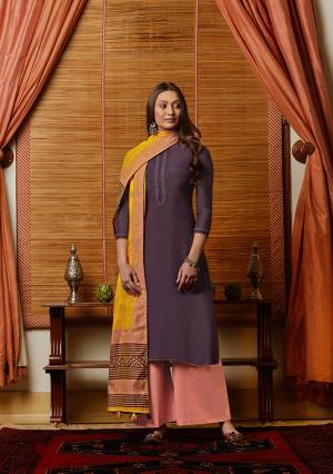 New And Unique Styled Multi Colored Designer Straight Suit Is Here In Purple Colored Top Paired With Contrasting Pink Colored Bottom and Yellow Colored Dupatta. Its Top Is Fabricated On Muslin Paired With Cotton Bottom And Its Dupatta Is Fabricated On Silk Handloom. 