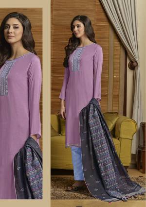 Get Ready For The Upcoming Festive Season With This Pretty Colorful Straight Suit In Light Purple Colored Top Paired With Contrasting Sky Blue colored Bottom And Dark Grey Colored Dupatta. Its Top Is Muslin Based Paired With Cotton Bottom And Silk Handloom Dupatta. 