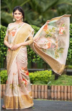 Here Is Pretty Designer Saree In Cream Color Paired With Cream Colored Blouse. This Saree And Blouse Are Fabricated On Cotton Beautified With Prints And Weave. Its Fabric Is Light Weight And  Easy To Carry All Day Long. 